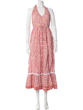 Poupette St. Barth pink red floral cotton open back halter midi dress size XS